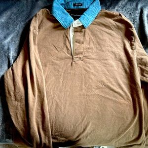 Brown Abercrombie oversized rugby style shirt with denim collar